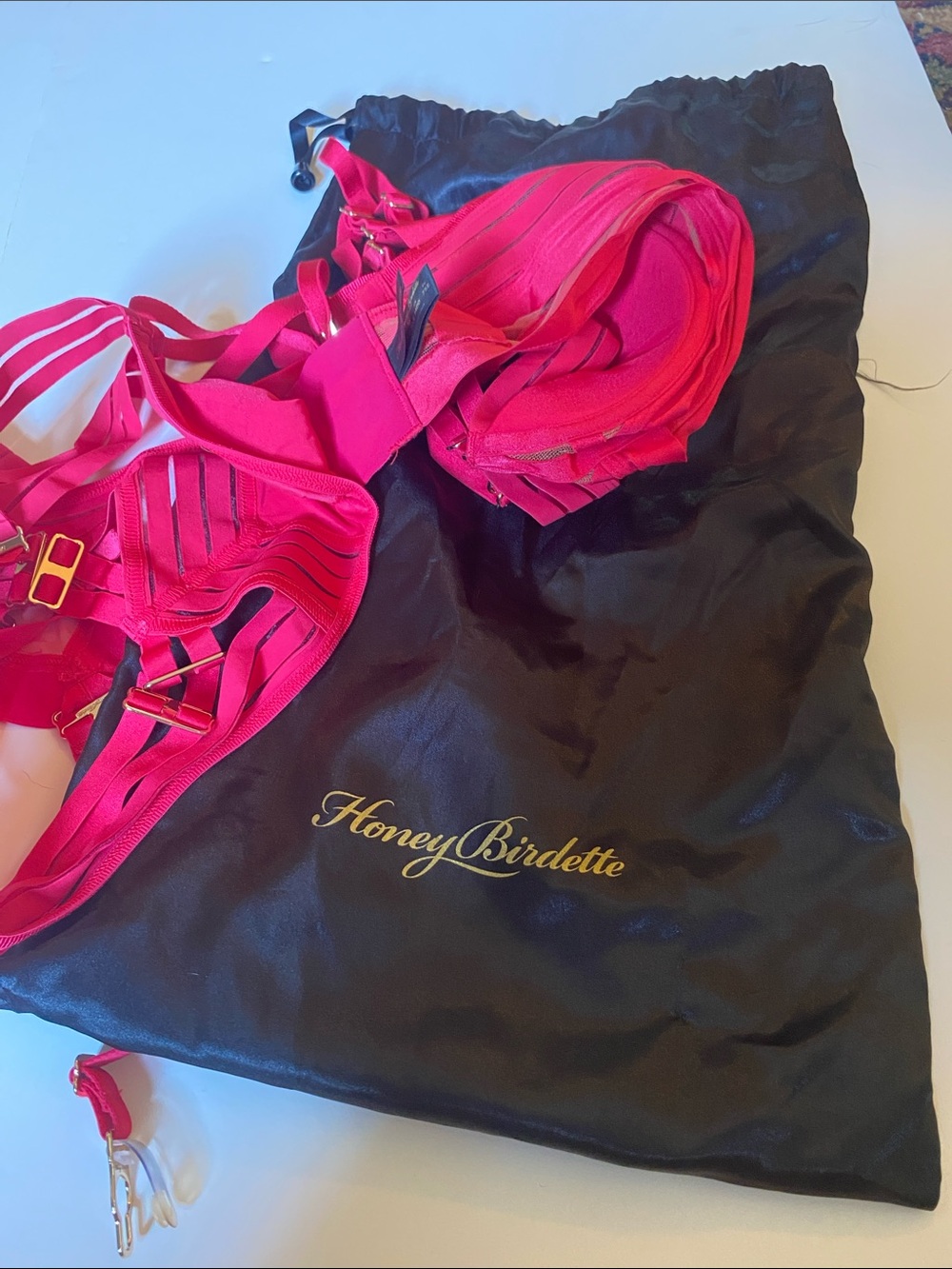 LINDA C Red 4-Piece Lingerie Set: Bra + Brief + Suspender/Garter Belt / 34D-L-L - Picture 13 of 14